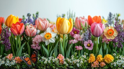 Fototapeta premium collection vibrant spring flowers blooms lush garden array tulips daffodils and cherry blossoms alongside delicate butterflies. Colors and details reflect springtime beauty.