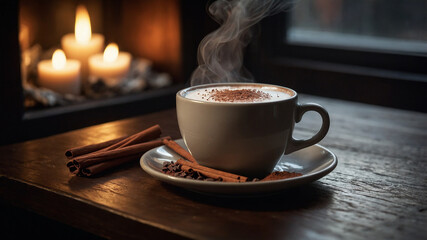 Steaming Cup of Cocoa with Minimalist Stylin. A plain white ceramic mug filled with rich, frothy hot cocoa, topped with a light layer of foam