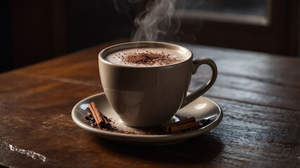 Steaming Cup of Cocoa with Minimalist Stylin. A plain white ceramic mug filled with rich, frothy hot cocoa, topped with a light layer of foam