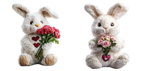 Obraz premium Bunny plush doll with white fur and heart pattern on its belly, holding a small bouquet of roses isolated on white and transparent background.