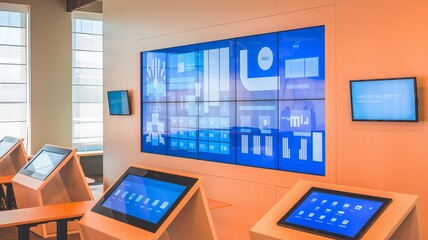 A photo of a modern office space with innovative display solutions. There is a large touch screen display wall with multiple screens Ai Generated