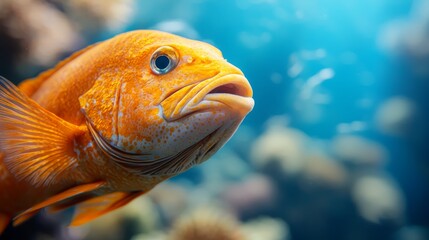  an orange fish swimming in an aquarium with a blurred background