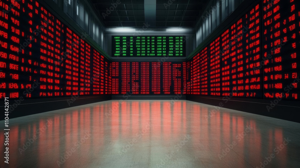 Poster a futuristic data center with glowing screens displaying red and green metrics.