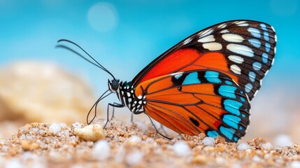 Obraz premium a vibrant butterfly with its wings spread wide, perched atop a sandy beach Its wings are a mix of orange, blue, black, and white, and the background is slightly bl