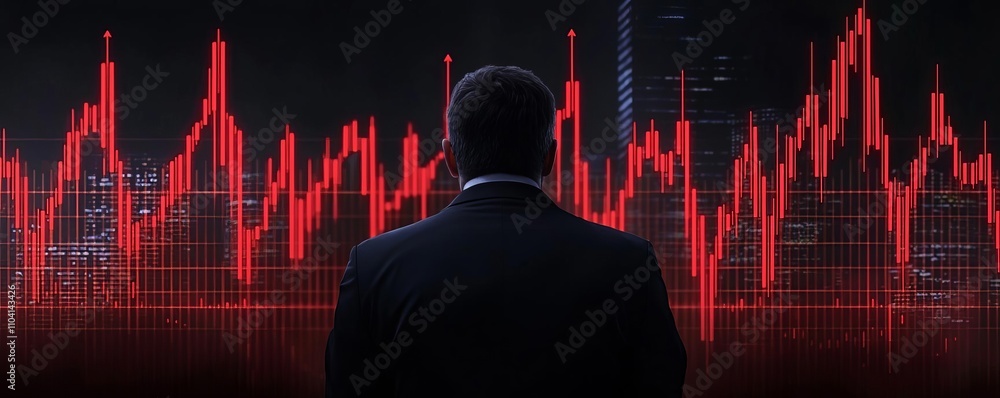Poster a businessman analyzing market data with a red graph background, demonstrating strategy.