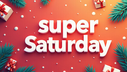 A festive red banner for 'Super Saturday,' designed with joyful decorations and bright colors to attract shoppers during the holiday sales.