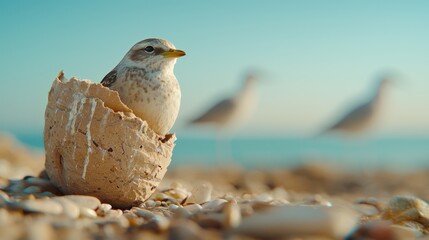  a small bird sitting atop a rock on the beach, surrounded by stones In the background, two other birds can be seen, slightly blurred