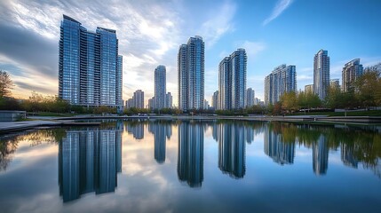 Fototapeta premium A view of multiple condominium towers reflecting in a nearby lake or water feature