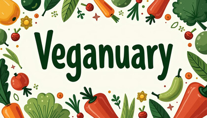 Fototapeta premium Creative Veganuary banner featuring assorted vegetables surrounding the central text 'Veganuary'.