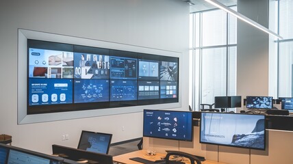 A photo of a modern office space with innovative display solutions. There is a large touch screen display wall with multiple screens Ai Generated