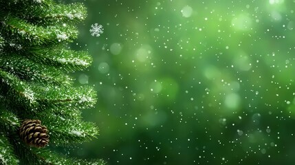  a Christmas tree adorned with snowflakes and a pine cone, set against a green background The tree is covered in a blanket of white snow, and the pine cone is a dee