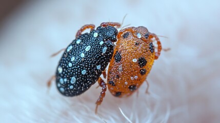 Colorful beetles mating on a soft surface under natural light in close-up detail