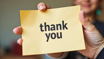 A hand holding a yellow thank you note, emphasizing the personal touch and sentiment of National Thank You Note Day.