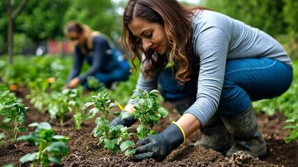 ardening enthusiasts engage in planting vegetable seedlings in a community garden during spring morning