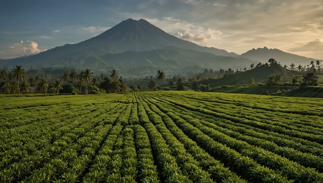 Aerial view of a green tea field in Wonosobo, Indonesia, with Mt. Sumbing in the background.