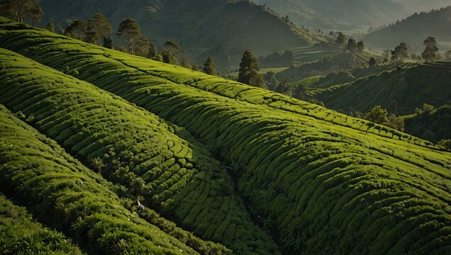 Aerial view of a green tea field in Wonosobo, Indonesia, with Mt. Sumbing in the background.