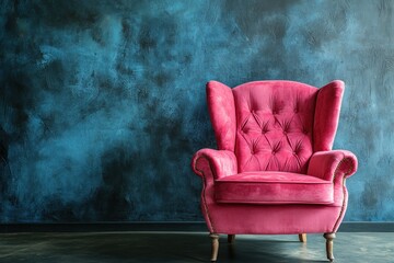 A pink velvet armchair sits in front of a dark blue wall.