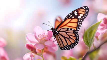 Fototapeta premium a monarch butterfly perched atop a pink flower surrounded by lush green leaves and stems The background is slightly blurred, giving the image a dreamy feel