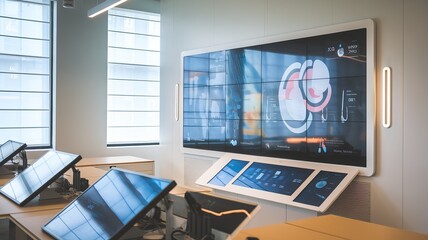 A photo of a modern office space with innovative display solutions. There is a large touch screen display wall with multiple screens Ai Generated