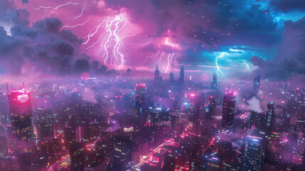 Fototapeta premium Futuristic Neon Cityscape with Dramatic Lightning and Vibrant Skies Over a Modern Urban Skyline at Night