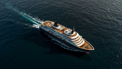 Fototapeta premium Aerial view of a luxury floating ship on the ocean.