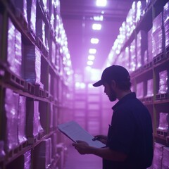 Fototapeta premium Warehouse worker inspects inventory under purple lights