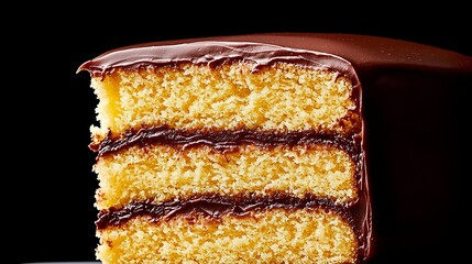 Fototapeta premium a slice of yellow cake with chocolate frosting on a white plate The cake is a light yellow color and the frosting is a deep, rich brown The plate is a pristine wh