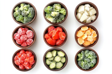 Assortment of frozen vegetables in wooden bowls on a white background.