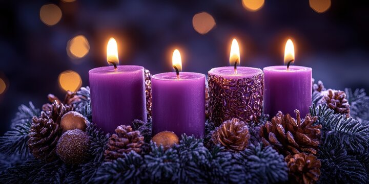A beautiful arrangement of four purple Advent candles with festive decorations on a bed of pinecones and greenery, glowing warmly in the background.