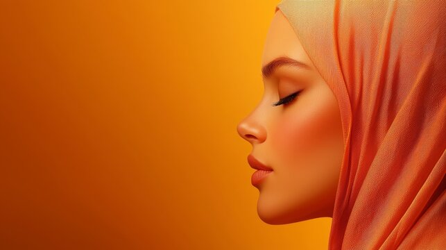  a woman wearing an orange hijab with her eyes closed, set against an orange background Her face is the focus of the image, with the vibrant orange color of the hij