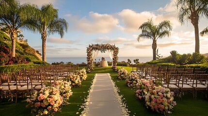 A wedding ceremony setup on a large green lawn with chairs and an arch decorated with flowers