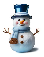 Adorable 3D snowman with a round face, cheerful smile, carrot nose, rosy cheeks, glossy hat and wood buttons, captured in kawaii style. For winter, holiday, and Christmas themes.