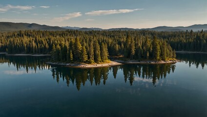 Aerial view of a small island in a clear lake surrounded by pine trees.