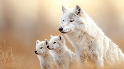 Obraz premium a mother wolf and her two cubs standing in a field of tall grass The background is slightly blurred, giving the image a dreamy feel The colors are vibrant and the