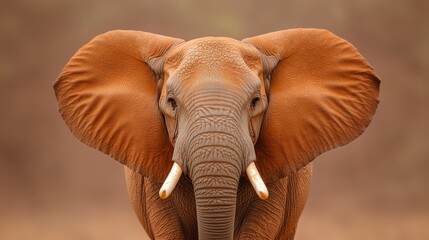  a close up of an African elephant with large tusks standing in the wild, its brown fur standing out against the blurred background