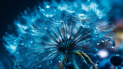 Fototapeta premium Dandelion seed head covered in sparkling water droplets shines under cool blue night lighting.