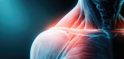 Naklejka premium Human muscular system. Isolated image of shoulder muscles with glowing highlights, emphasizing structure and movement