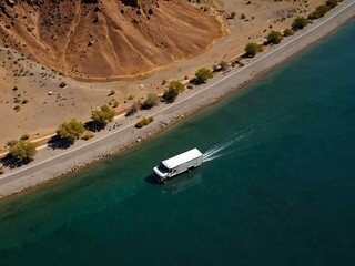 Obraz premium Aerial view of a truck near a desert mountain lake.