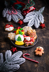 Christmas homemade gingerbread cookies with icing