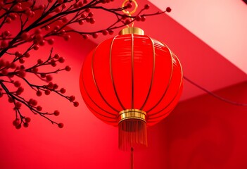 Obraz premium Red Chinese Lantern with Decorative Branches in Festive Setting created with generative AI