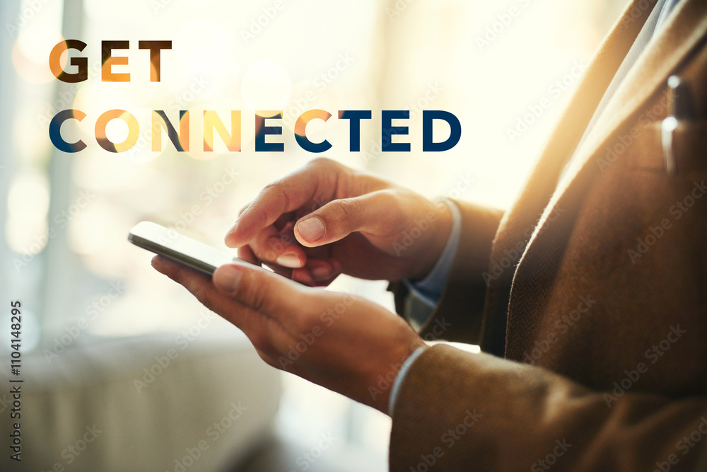 Poster Connection, words and phone with hands of employee for social media, communication and networking app. Internet, technology and search with closeup of business person in office for online and overlay