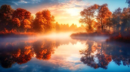 Fototapeta premium A serene autumn landscape with vibrant trees reflecting in a calm river at sunrise.