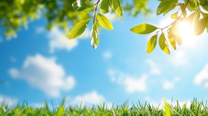  a lush green grassy field with a tree branch in the foreground and a bright blue sky with white fluffy clouds in the background
