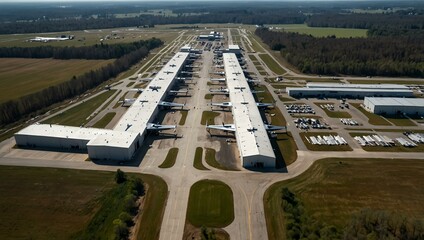Fototapeta premium Aerial view of an aircraft manufacturing facility with large hangars.