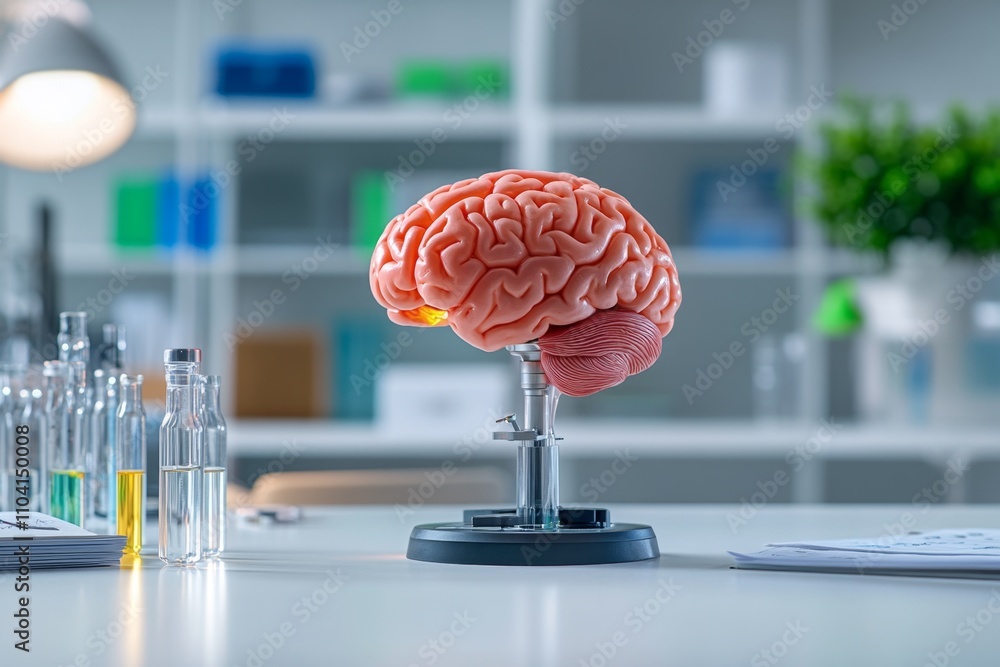Aufkleber A brain being studied under a microscope in a research lab, with test tubes and notes visible in the background