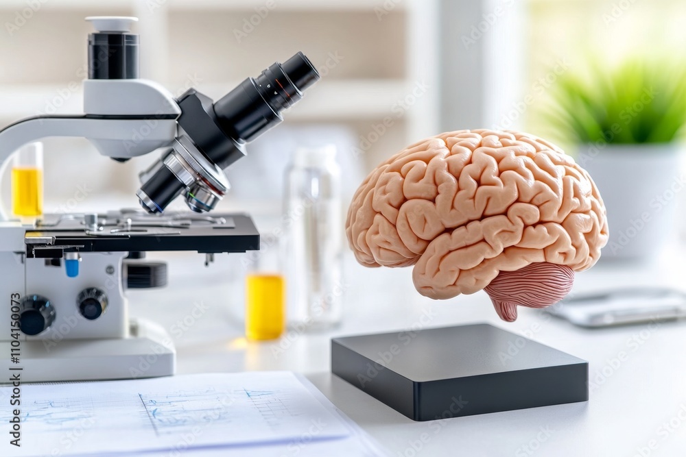 Aufkleber A brain being studied under a microscope in a research lab, with test tubes and notes visible in the background