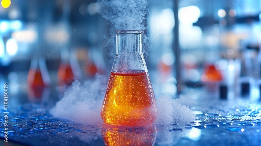 Poster chemical flask filled with amanita muscaria extract in a laboratory during a research experiment