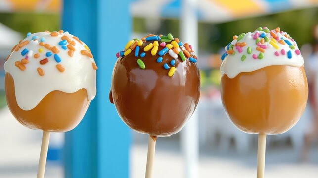 Three colorful cake pops topped with sprinkles, displayed on sticks against a vibrant background, perfect for parties and celebrations.