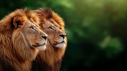 Naklejka premium two lions standing side by side in the dark, with a blurred background The resolution of the image is 1920x1200, making it suitable for use as a desktop wallpaper