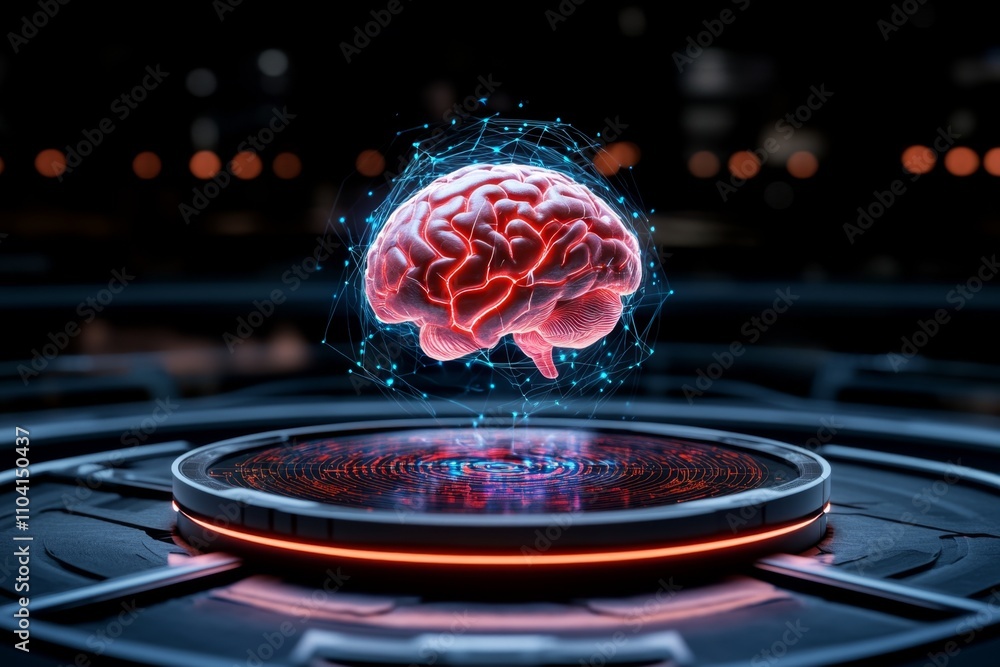 Poster A brain surrounded by a holographic display of scientific data and graphs in a futuristic lab